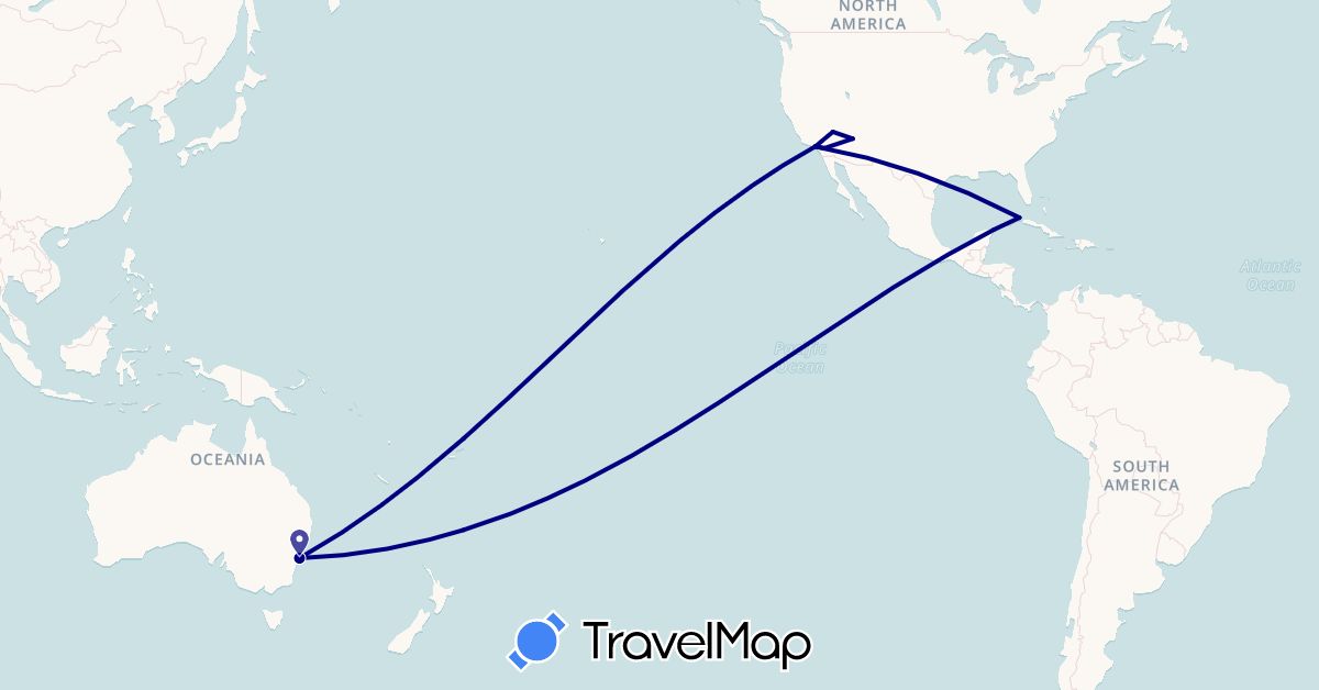 TravelMap itinerary: driving in Australia, Cuba, Mexico, United States (North America, Oceania)